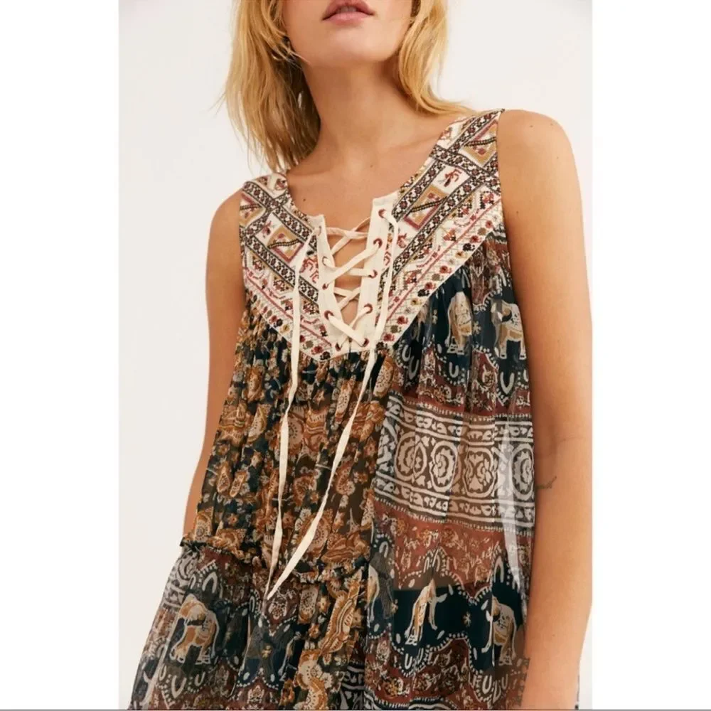 Free People The Wanderers Embroidered and Sheer Elephant Top Dress Size XS